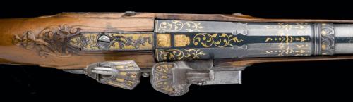 Chisled and gold inlaid Spanish flintlock pistol crafted by Miguel Zeggara of Madrid, circa 1776,