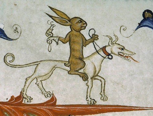 semioticapocalypse: Rabbit riding a hound with a trained snail of prey. Pontifical of Guillaume Dura