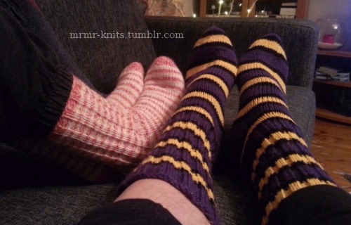 Aww, my dad sent me a photo of his and my mom’s feet in the socks I made them for Christmas. ♥ The c