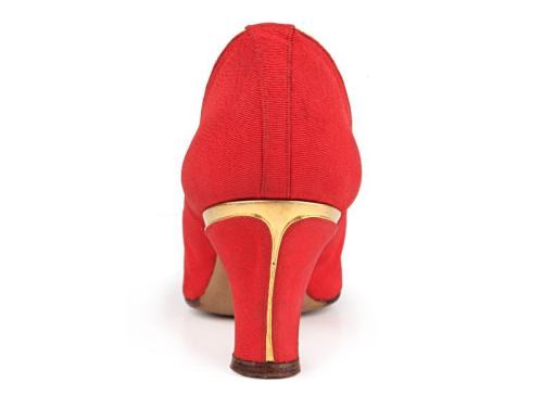 Red rep silk pumps, decorated with gold leather inserts on the toes and heels.Belgium. c. 1928-30Sho