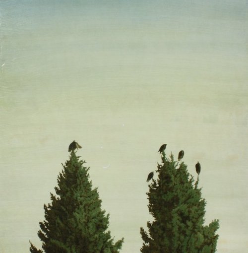 Birds with Crescent Moon    -    Clay WagstaffAmerican, b.1964-oil on canvas,36 x 36 cm.