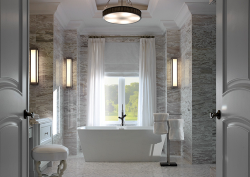 {Upstairs, that “obscure traditional” style continues. The master bedroom has that exagg
