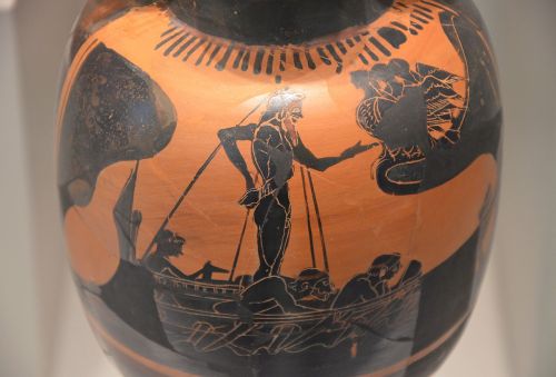 Odysseus listens to the song of the Sirens.  Attic black-figure oenochoe, artist unknown; ca. 525-50