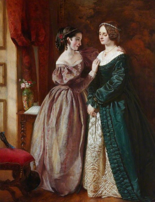 secretlesbians:Three paintings of Rosalind and Celia from As You Like It.  They’re cousins, but in t