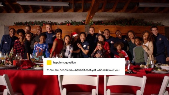 a full color screencap of the 118 and their families posing for a photo in Christmas Spirit overlaid with the same text post, which now has words crossed out to read "there are people who love you"