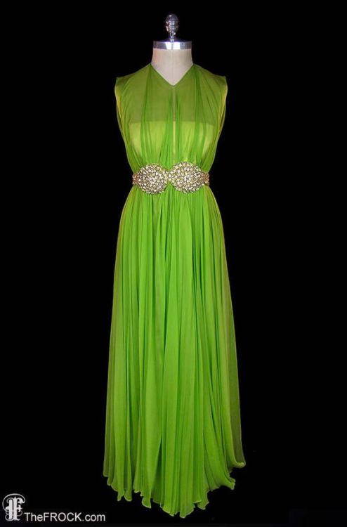 Elizabeth Arden vintage 1960s sleeveless silk chiffon gown in luscious dark chartreuse color, with b