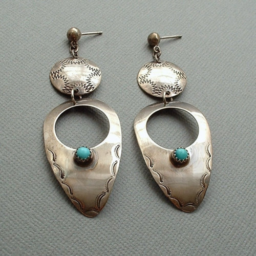 Vintage Native American NAVAJO Turquoise EARRINGS Sleeping Beauty STERLING Silver Long Dangles Hand 