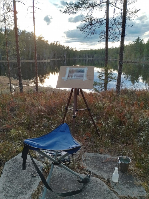 Lördagskväll, akvarell, 14x9 cm Igår åkte jag och våra hundar till timmerkojan, för att få en dos sk