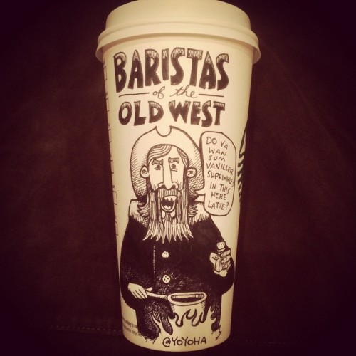 tastefullyoffensive:  Cartoonist Josh Hara Draws on His Coffee Cup(s) Every Morning [via]Previously: How to Get 10% Off Your Order at Not a Burger Stand