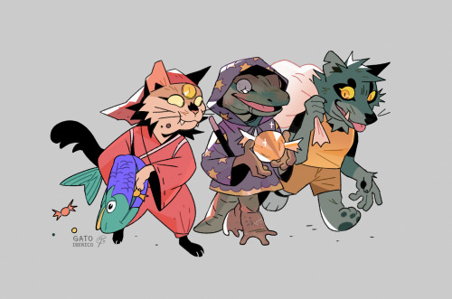 A bakeneko, gargoyle gecko, and werewolf going back home with their precious loot, as voted on by my