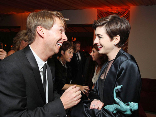 coolhollywood:Jack McBrayer and Anne Hathaway