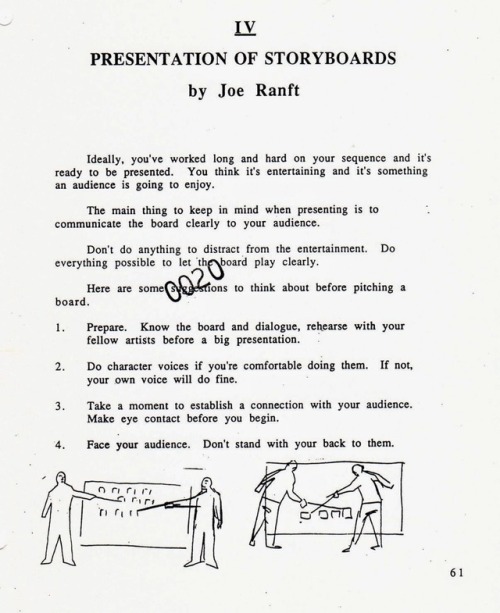 How to present your ideas: these handouts by Disney/Pixar artist Joe Ranft concern the pitching of s