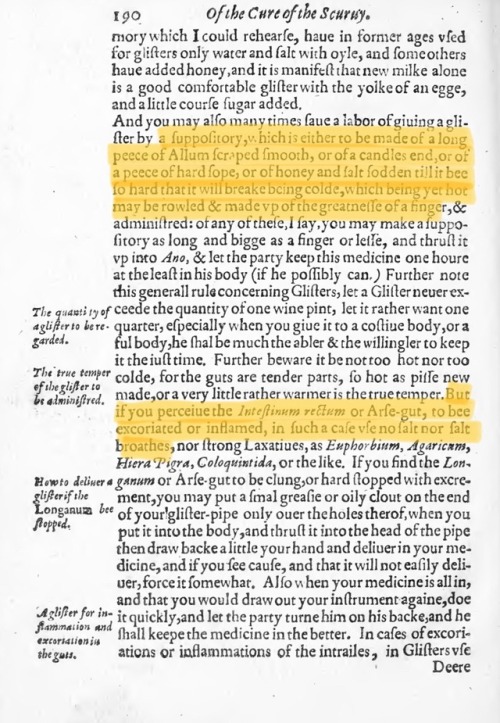 Suppositories of the 17th century include alum (a desiccant, ouch), a candle’s end, hard rope, and&h