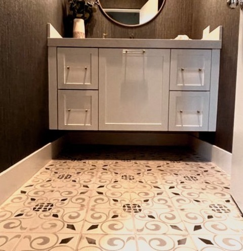 3/4 Bath - BathroomBathroom - Small Contemporary 3/4 Porcelain Tile, Blue Floor, Single-sink And Wallpaper