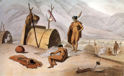 Khoisan engaged in roasting grasshoppers on grills. 1805. Aquatint by Samuel Daniell. - Via Wikimedi