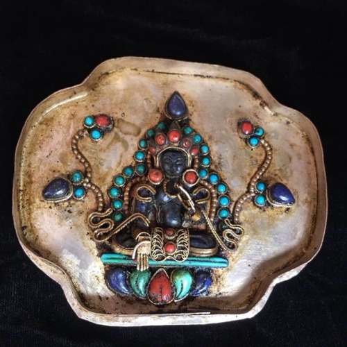 Tibetan Buddhist Manjushri Ghau Prayer Box crafted with Gem Inlay of Lapis, Coral & Turquoise Fo