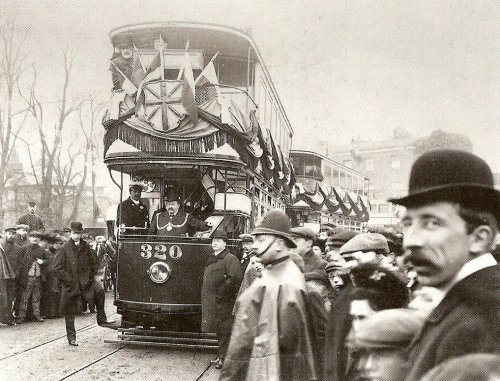 The first ever electric tram on Kingston Bridge, London, 1906