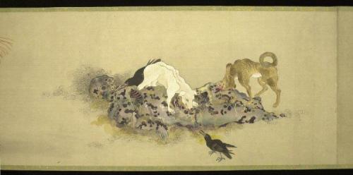 iheartmyart:  Kobayashi Eitaku, Japanese silk handscroll. Circa 1887. “The scroll shows the stages of decompostion of womans body, beginning with her fully clothed body and ending with her bones being eaten by dogs. The subject is an ancient Buddhist