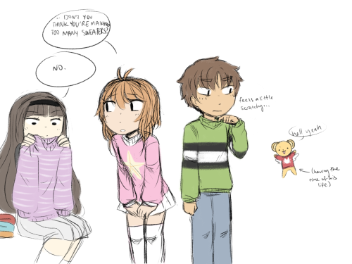 nonbinarysyaoran:i cant believe i never posted these. “tomoyo makes everyone sweaters” au