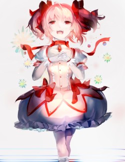 魔法少女まどか☆マギカ、鹿目まどか、高解像度、ドレス、リボン、ハッピー、ショートヘア、ツインテール、ekuha、アホ毛、お花、赤目、ピンクの髪、魔法少女 | Sankaku Channel