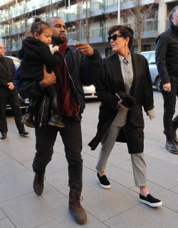 kimkardashianfashionstyle:  March 3, 2015 - Kanye &amp; North West and Kris Jenner out in London.   