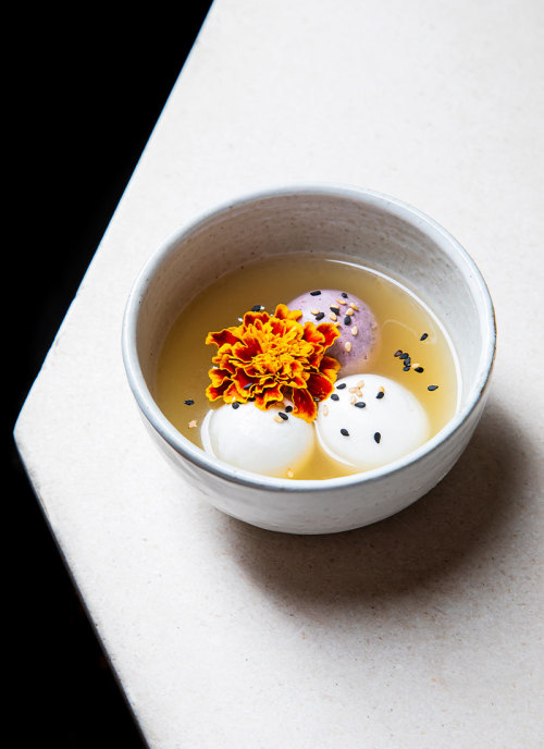  In the Name of the Moon !Serving: 13 tang yuan (sesame rice balls)3 ounces hot ginger broth (see Ed