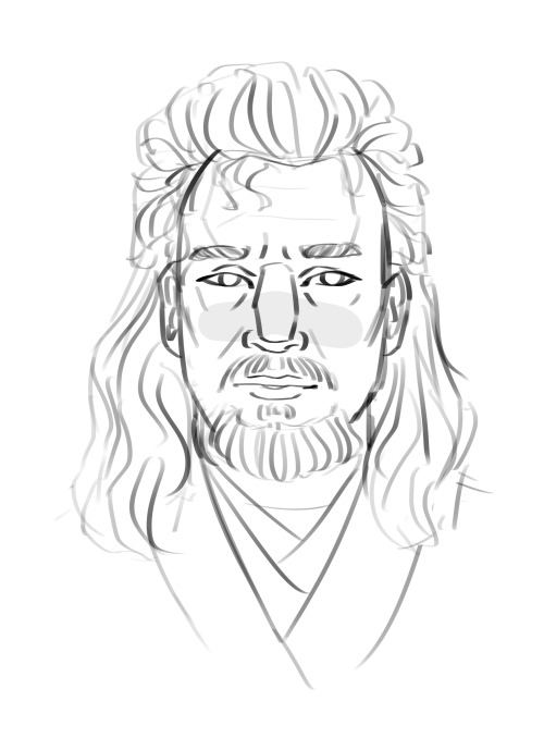 But what if Qui Gon had a mullet, I hear you ask(Click for better quality ‍♀️)[ID: Seven sketches of