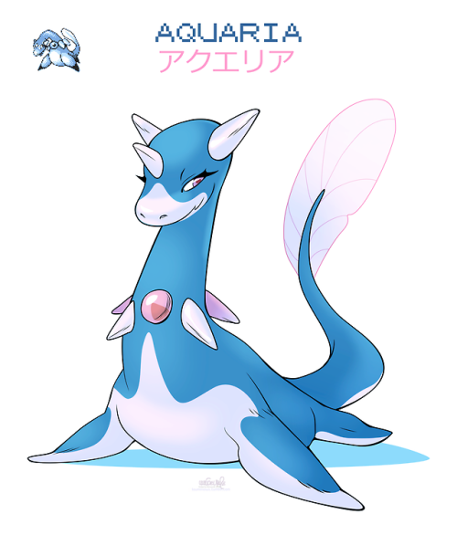 Kurusu’s third stage Aquaria aka アクエリア, the original water starter from Pokémon Gold 1997 Demo.Follo