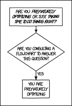 xkcds:  Premature optimization is the root of all evil, so to start this project I’d better come up with a system that can determine whether a possible optimization is premature or not.           Optimization [Explained] 