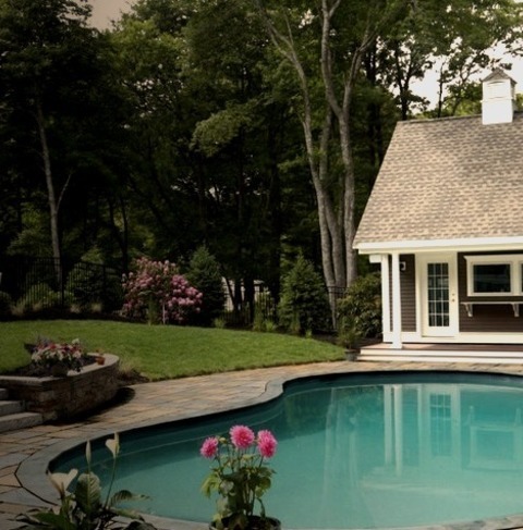 Poolhouse BostonImage Of A Medium-sized, Elegant Backyard With A Kidney-shaped Pool House