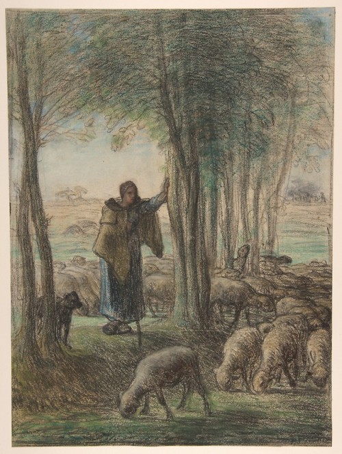 A Shepherdess and Her Flock in the Shade of Trees, Jean-François Millet, 1854-55