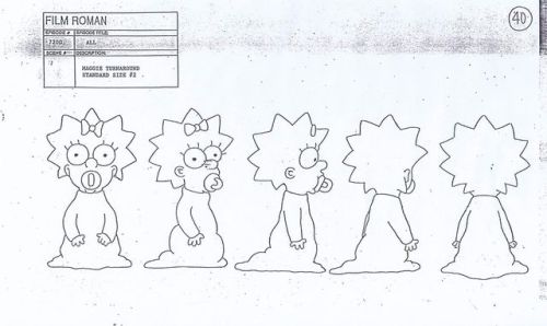 Model sheets of Maggie Simpson: construction models, a turnaround model, action poses, and so forth.
