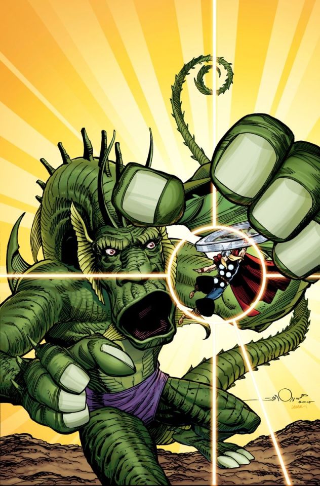 He Whose Limbs Shatter Mountains and Whose Back Scrapes the Sun battling the mighty Thor, by Walt Simonson.This is a recreation of a scene from Simonson’s acclaimed run on Thor in the 1980s.  However, it turned out that Thor was actually fighting Jormungandr, the Midgard Serpent, which was disguised as Fin Fang Foom. #Fin Fang Foom  #He Whose Limbs Shatter Mountains and Whose Back Scrapes the Sun #Thor#Marvel Comics#Walt Simonson