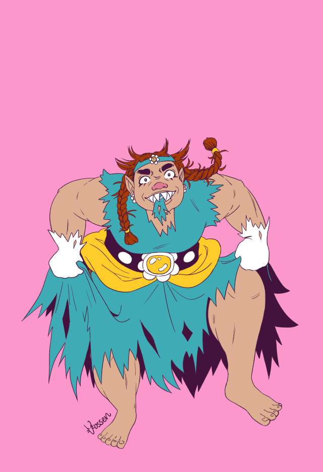 A digital illustration in the style of the Wabrothers from Mario. Wa Daisy is short, stocky and muscular, with a feral expression. She has red hair in braids, a ripped turquoise dress, and bare feet.
