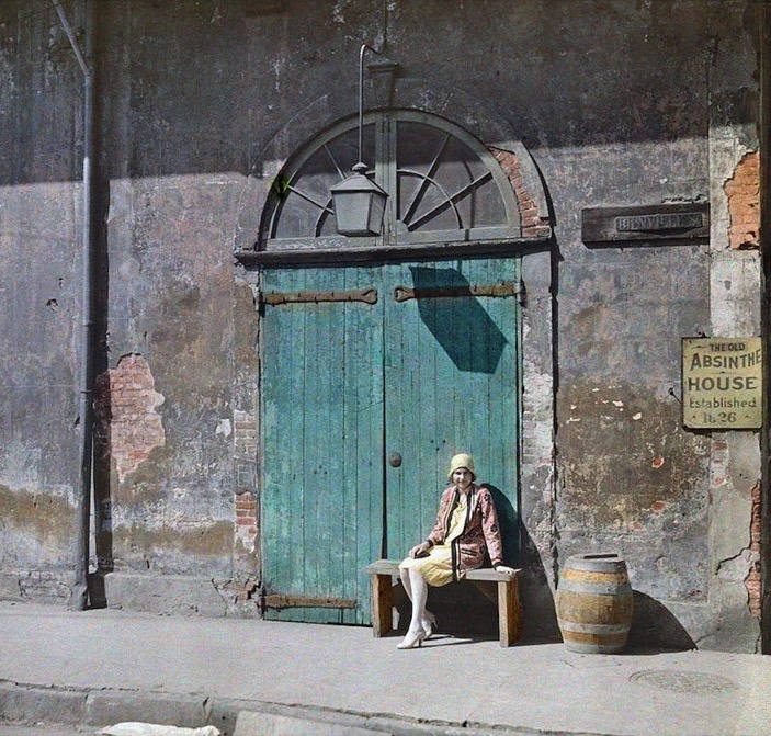 maudelynn:A Woman Sitting in Front of the Absinthe House in New Orleans c.1927 