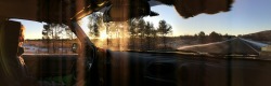myfalseparadigm:  Tried to take a panorama while on our way to the mountain this morning. After hitting a few potholes it didn’t turn out as planned, but I wound up with this gem 