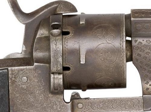 art-of-swords:120 Bore Belgian Pin-Fire Six-Shot Double-Action Knife-RevolverDated: circa 1865-70Pla