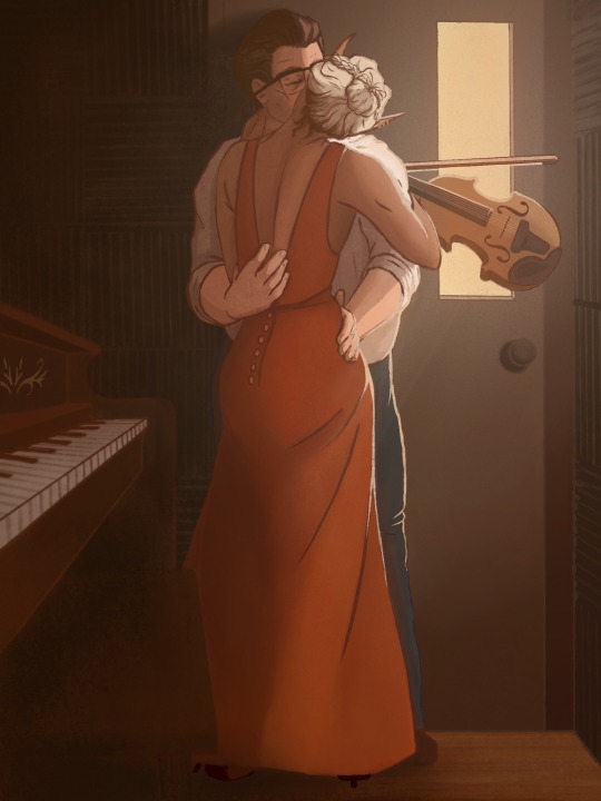 mmmarty:ID:[ A couple leans against the wall of a dark practice room, kissing. An older, pale chubby man in a white button down bluejeans, and crooked glasses leans against the wall. He holds a tan, slender elven woman in a red gown, his hands on her