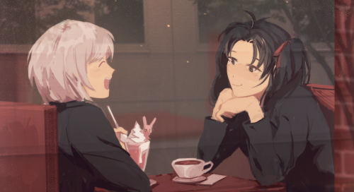 kosakashuntaro: happy holidays @joyfuladorable! here’s mafuyu and kanon on a cafe date for the oresa