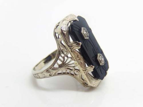 allaboutrings:Vintage 14k White Gold Carved Onyx and Diamond Ring