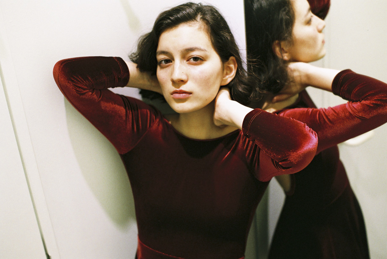 americanapparel:  Haya in the NEW Long Sleeve Velvet Skater Dress. 