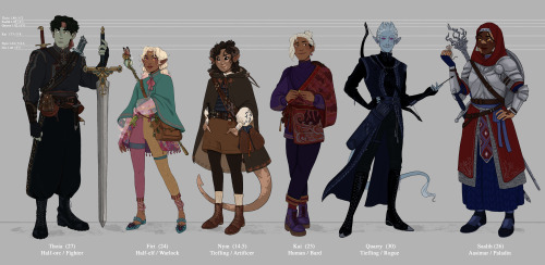 The completed lineup of my dnd party is here!individual illustrations!: [Thoia] - [Firi] - [Nym] - [