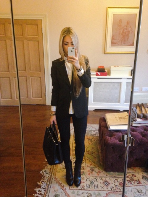 gabriellesoutfitposts: Blazer - Zara Shirt - Ralph Lauren Leggings - Topshop Boots - Zara Bag - Prad