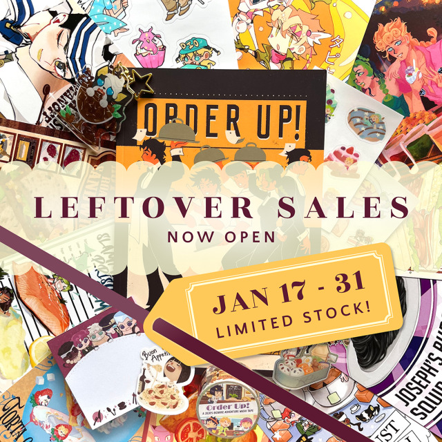 Leftover Sales for Order Up! JJBA Food Zine are now OPEN until January 31st! This is your final chance to grab a copy of our zine and merch items! Quantities are limited, so make sure to purchase yours before theyre all sold out! 🍉 https://jjbafoodzine(.)storenvy(.)com 🍉  A special note for our UK customers: we ship to the UK! However please be aware of any custom fees and/or VAT you may have to pay upon receiving your package. #leftover sales#final sales#jojo merch#jjba merch#jojo fanart#jjba fanart#jjbafoodzine#ジョジョの奇妙な冒険#golden wind#vento aureo#stone ocean #jojos bizarre adventure #fanzine#food zine#cooking zine#cookbook zine#jjba zine#jojo zine#jonathan joestar#Joseph Joestar#Jotaro Kujo#Josuke Higashikata#Giorno Giovanna#Jolyne Kujo#Johnny Joestar#fandom zine