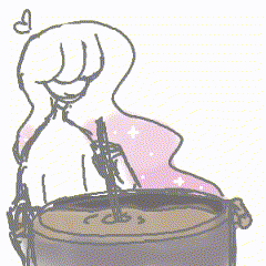 Doris, a lady with long waving hair, stirs a pot filled with soup! Occasionally, Broccoli, a younger child, would pop out the stew holding a light-yellow rubber duck before plopping into the soup again.
This is a looping animated GIF drawn by Hweat in MS Paint