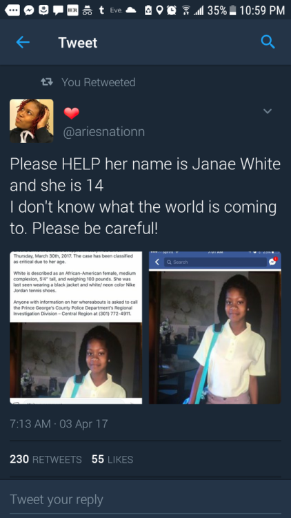 the-afro-argonaut: Another missing black girl  #FindOurGirls   D.C./PG County area has become so dangerous for our little girls, I’m sick of it.
