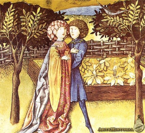 Couple embrace in a garden from the Codex Granatensis, made in Vienna in the first quarter of the 15