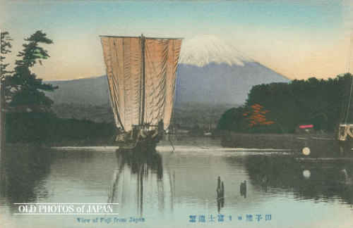 1920s Japan in handcoloured photographs.Top: A view of Numa River and Mount Fuji as seen from Tagono