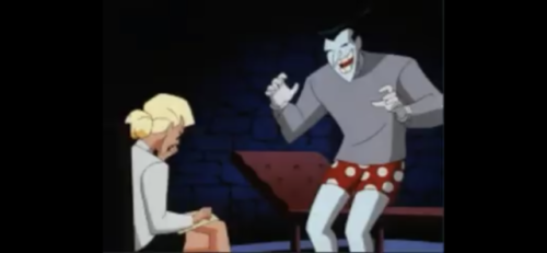 The Joker after dropping his pants to make Dr. Quinzel laugh, revealing his red polkadot boxers.  Nothing impresses the ladies better than underwear humor 😆  From The New Batman Adventures: S1 E24 “Mad Love”.