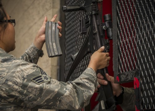 militaryarmament:  Holloman Air Force Base, N.M., April 2, 2015. Security Forces personnel working in the armory are responsible for taking care of and housing weapon systems for on and off duty SF personnel, Civil Engineer personnel, Office of Special